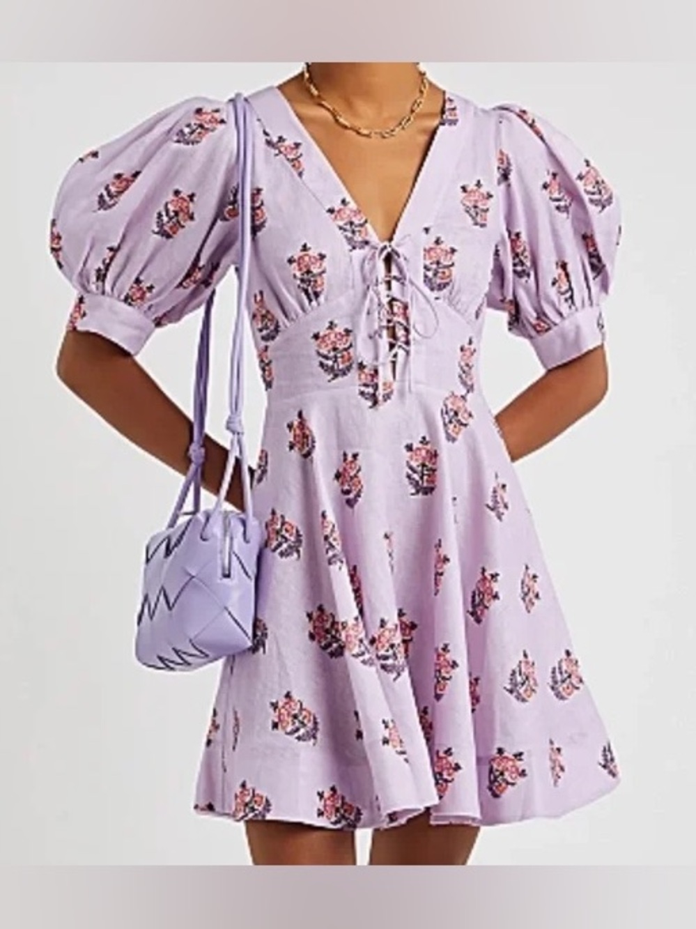 NWT House of Harlow 1960 Lilac Floral Lace-Up Puff-Sleeve Mini Dress